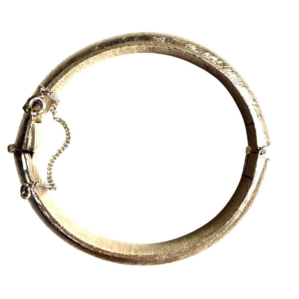 Vintage Trifari Brushed Silver Tone Hinged Bangle Bracelet w Safety Chain